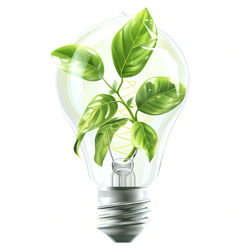 vector illustration of an ecofriendly light bulb with green leaves, white background, high resolution, professional photograph, super detailed, natural lighting, HDR