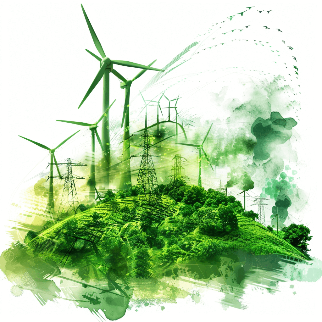 Illustration of green energy with wind turbines and electric towers against a white background, using a green color palette with brush strokes in the style of a watercolor effect with green tones on the top layer. The digital art style has sketchy details, bright colors, and high contrast at a high resolution.