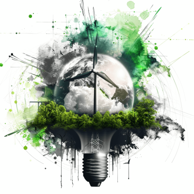 A creative design featuring an abstract representation of the Earth, wind turbines and greenery inside a light bulb with brush strokes. The background is white to highlight each element in detail. A large globe encircling the lightbulb creates an atmosphere for energy storage products. In front there's a graphic illustration of new power plants. This concept symbolizes sustainable technology, environmental friendliness and innovation in the style of a clean energy flow presentation.