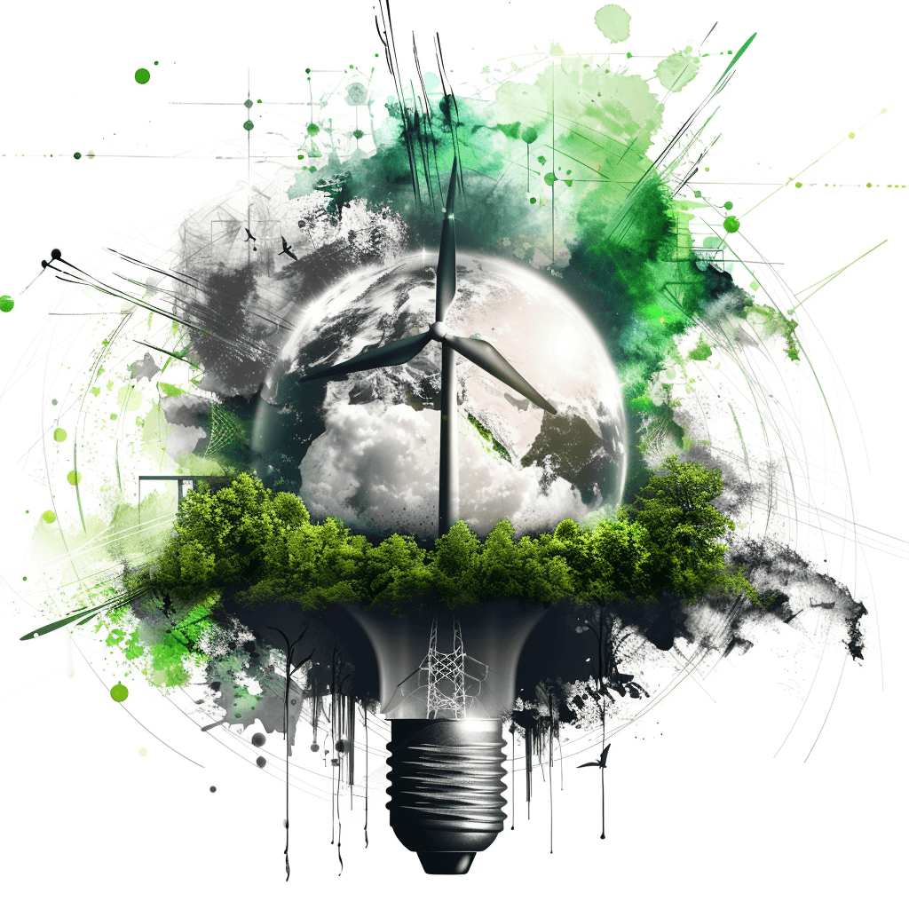 A creative design featuring an abstract representation of the Earth, wind turbines and greenery inside a light bulb with brush strokes. The background is white to highlight each element in detail. A large globe encircling the lightbulb creates an atmosphere for energy storage products. In front there’s a graphic illustration of new power plants. This concept symbolizes sustainable technology, environmental friendliness and innovation in the style of a clean energy flow presentation.