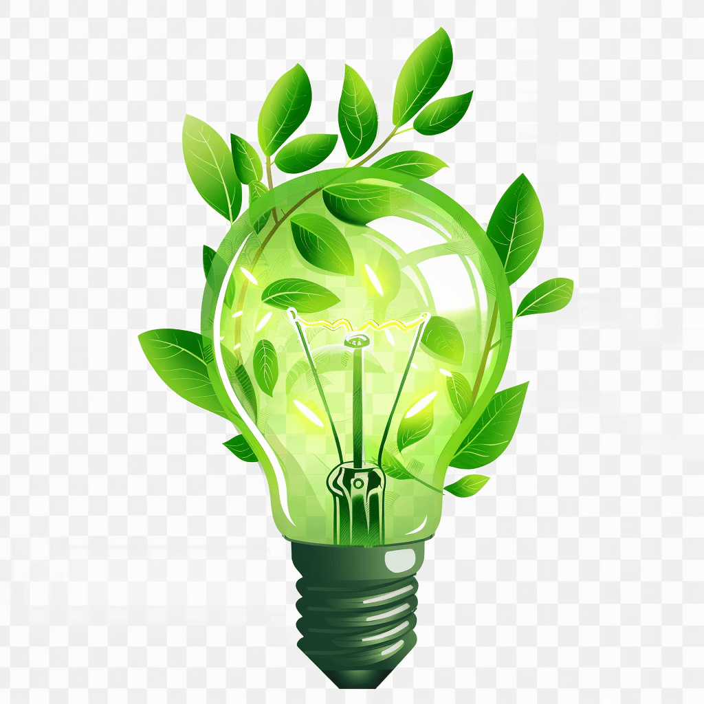 Ecofriendly light bulb with green leaves vector illustration isolated on transparent background cutout PNG file, Isolated in white color, png format, 300 dpi resolution, vector graphics