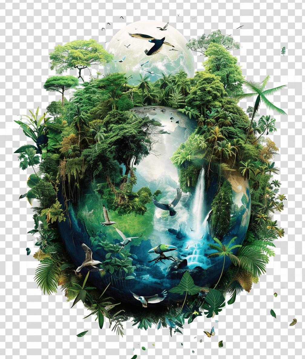 An illustration of the Earth with lush greenery and animals, surrounded by waterfalls and tropical forests, in a transparent background PNG format. The illustration depicts the earth globe with a jungle, animals and birds among trees, with waterfalls and a forest in the style of vector art with a transparent background cutout.