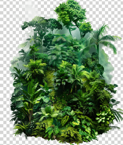 Tropical rainforest, transparent background, png format, high resolution, hyper realistic and photorealistic, highly detailed, high contrast, green color theme, vibrant colors, lush vegetation, dense foliage, palm trees and tropical plants, tree tops.