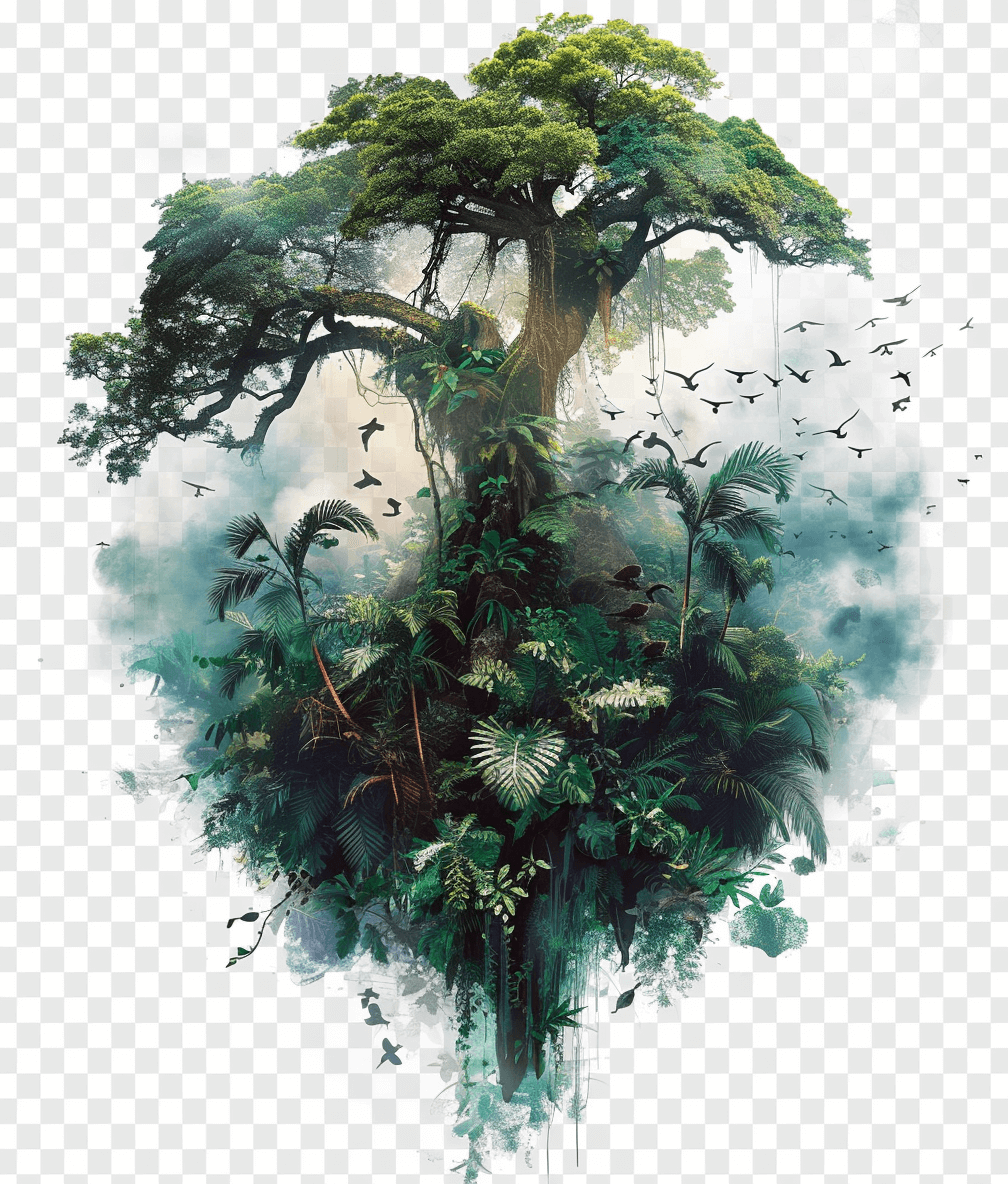 Digital art of an enchanted rainforest, with lush greenery and exotic wildlife floating around the base of a towering tree against a white transparent background.