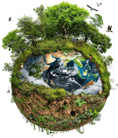 Surreal illustration of the Earth with lush greenery, trees and water in various parts of it, surrounded by birds flying around on a white background, high resolution, all elements isolated, PNG format. In the center is an earth made from different textures representing its land mass, such as soil or rock, surrounded by lush vegetation, trees, rivers, and oceans. The planet's surface also features diverse natural landscapes like deserts, forests, mountains, and beaches. There should be animals interacting with nature in the style of various Artists.