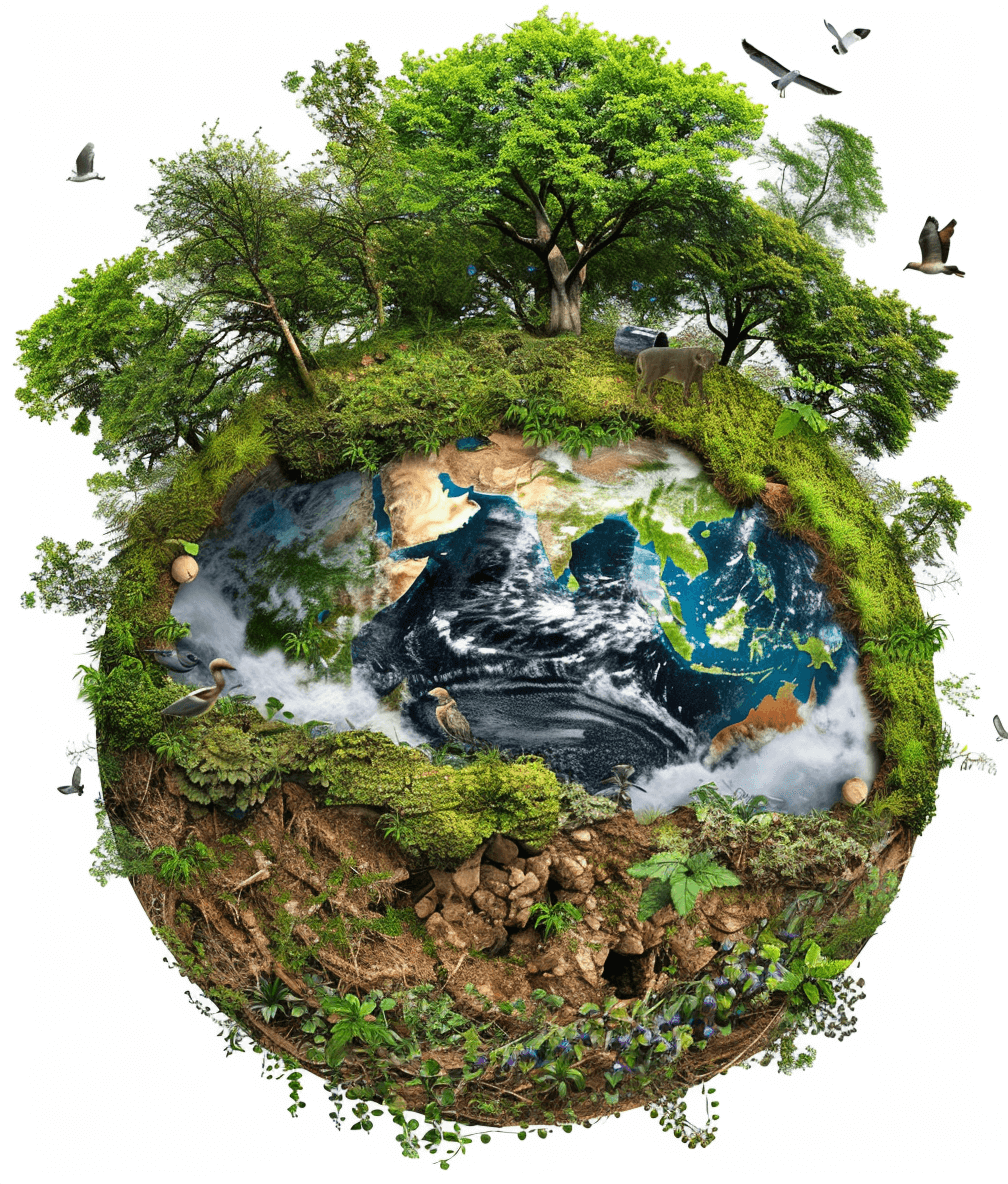 Surreal illustration of the Earth with lush greenery, trees and water in various parts of it, surrounded by birds flying around on a white background, high resolution, all elements isolated, PNG format. In the center is an earth made from different textures representing its land mass, such as soil or rock, surrounded by lush vegetation, trees, rivers, and oceans. The planet’s surface also features diverse natural landscapes like deserts, forests, mountains, and beaches. There should be animals interacting with nature in the style of various Artists.