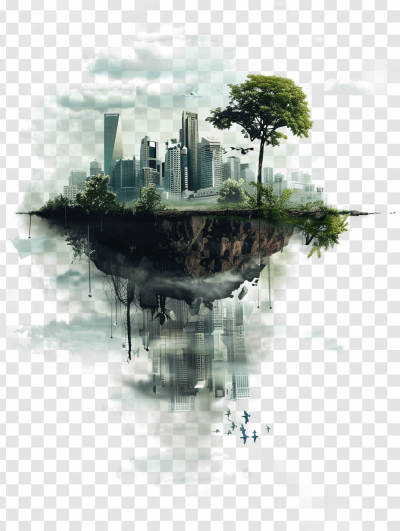 A floating island with cityscape, buildings and trees on transparent background PNG, white space around the subject of the photo, white space at top,