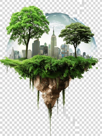 S earth with trees and city buildings floating in air, transparent background PNG file, png format.