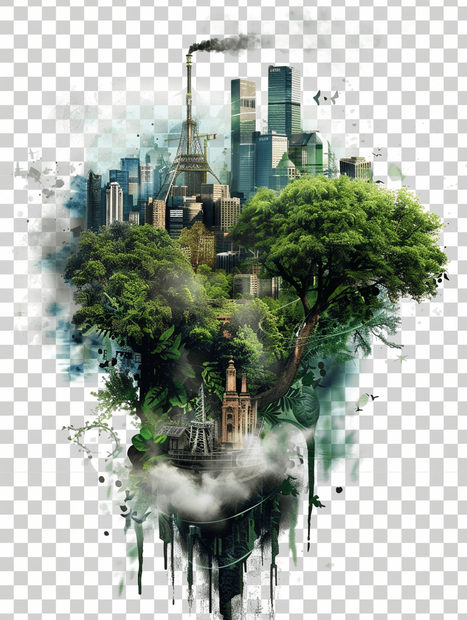 Create an artistic representation of the environmental impact on urban landscapes, such as air pollution and tree shade cinematic, png transparent background, png cutout, vector illustration, concept art, digital painting, cityscape, greenery, urban skyline, smoke from chimneys, skyscrapers, flying cars, floating clouds, watercolor splashes, brush strokes, green trees in midair, smoggy sky, urban setting.