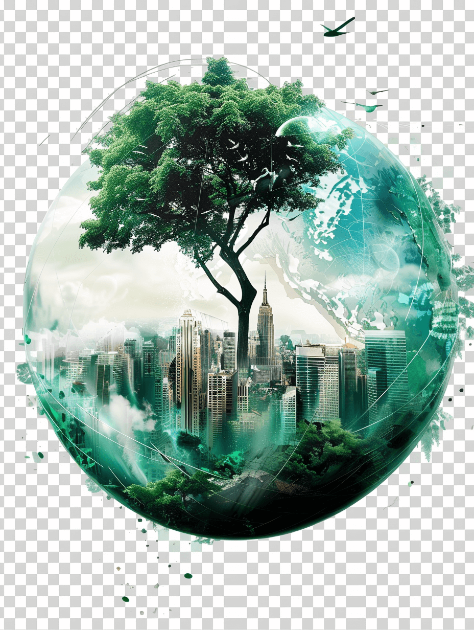 Sphère élémentaire earth, green city inside the sphere, tree on top of it, transparent background png design style