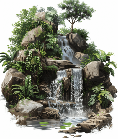 waterfall in the jungle, rocks and plants around it, white background, illustration style, png format with high details