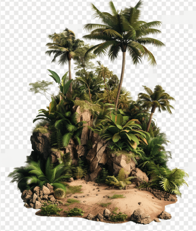 island with jungle, palm trees and rocks, in the style of transparent background, PNG