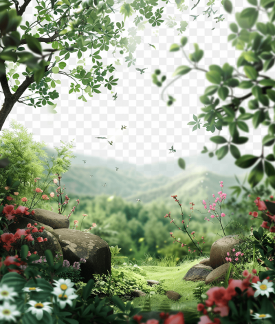 Beautiful spring garden with flowers and green grass, transparent background, png format, fantasy, fairy tale, forest, rocks, birds flying in the sky, trees on top of mountain, hills in distance, white background, landscape, sun rays shining through leaves, detailed, high resolution, illustration, bright colors, realistic, hyperrealistic, ultradetailed, sharp focus, no blur effect, closeup, cinematic, depth of field, shadows, sunlight, professional photography, photorealism, trending artstation