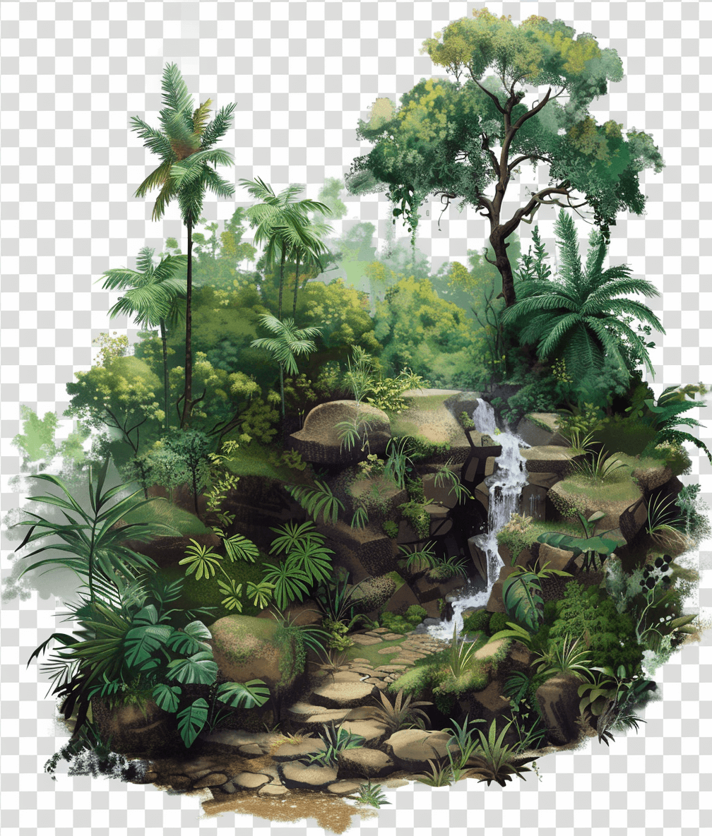 A tropical rainforest with lush greenery, waterfalls and rocks, in the style of watercolor, transparent background PNG clipart cutout