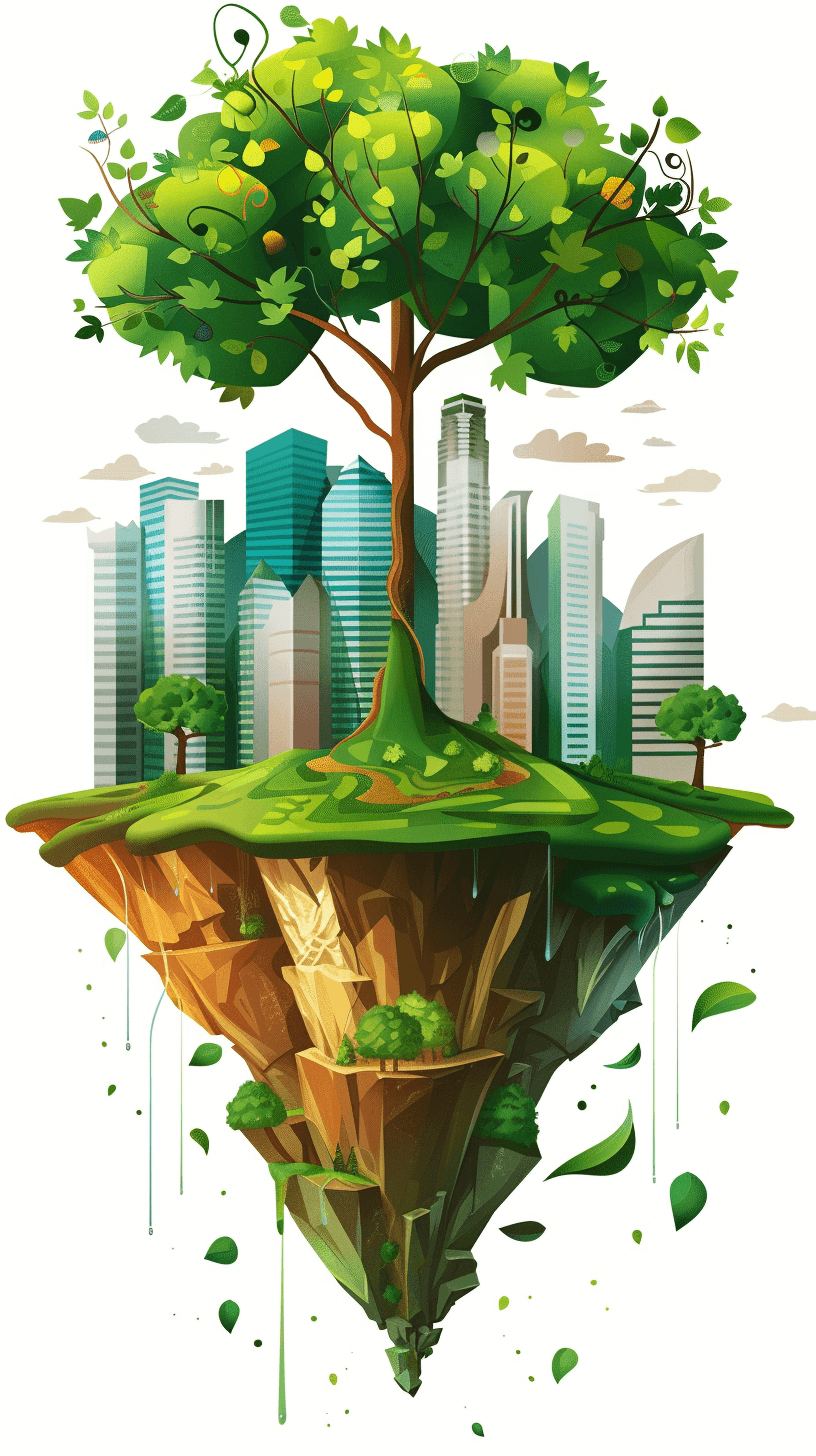 A green tree stands on an island surrounded by skyscrapers, in the style of vector graphics, with a white background, in the flat design style, like a cartoon illustration, with detailed illustrations of plants and animals, at a high resolution, from an isometric perspective, depicting a cityscape, with water drops falling from the leaves to form small streams that flow into distant lakes. Detailed illustrations of plants and animals, with high detail. The concept includes images of various environmental symbols such as trees, grasses, flowers, clouds, water droplets, and dewdrops.