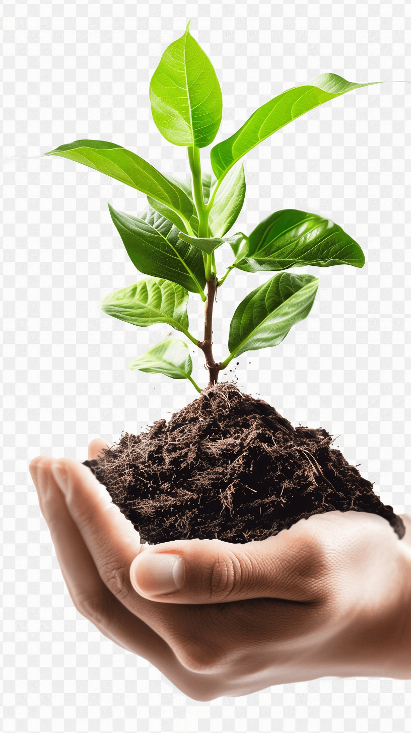 Hand holding small plant with soil isolated on transparent png background, for environment day stock photo, high resolution photography