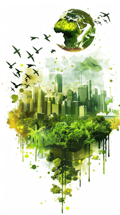 A digital art piece depicting the concept of green city, featuring an earth surrounded by urban landscapes with lush trees and flying birds. The background is white, creating contrast for easy designing on tshirts and posters. Vector illustration, vector graphics, vector design. High resolution, detailed rendering, professional quality, high detail, sharp focus, no black border, 300 dpi scan,