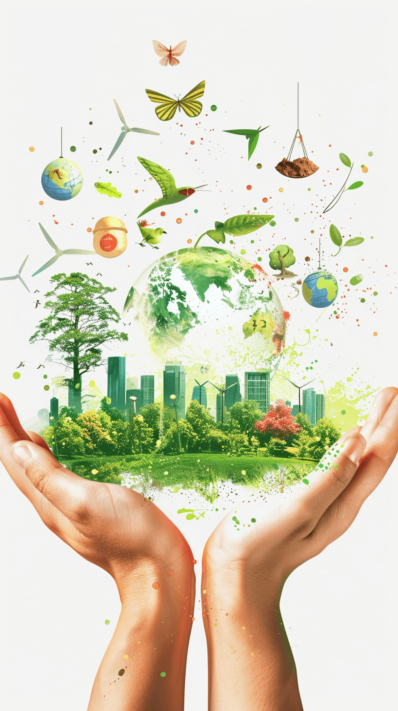 Realistic shot of an illustration showing hands holding green symbols such as wind turbines, solar panels and trees with a cityscape in the background on a white background. Green energy icons floating above the hands include suns, birds flying around a globe surrounded by buildings and water bodies. The overall mood is positive and uplifting. It symbolizes environmental harmony for the World environment day theme. Isolated on a pastel background in the style of an uplifting environmental artist.