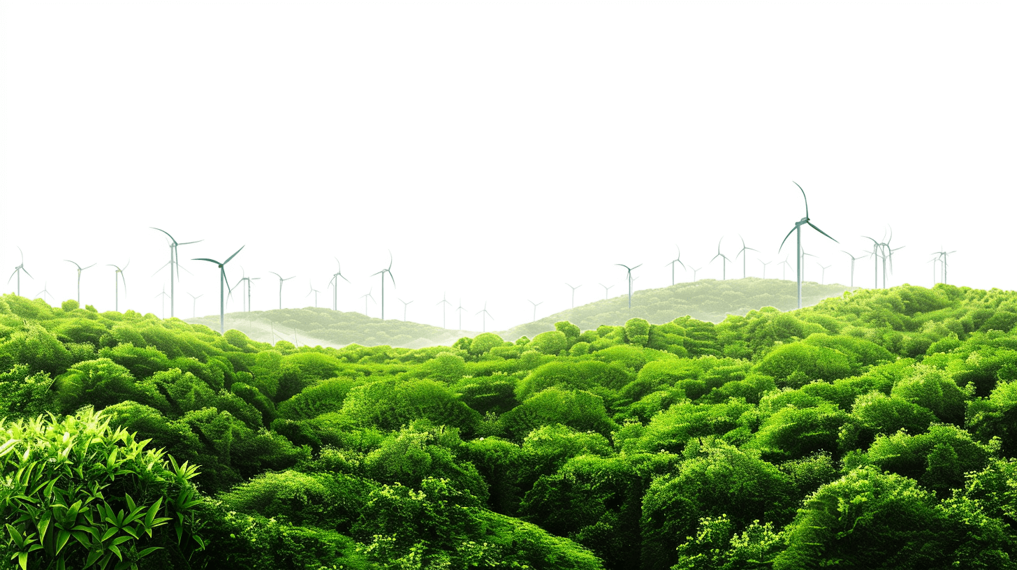 White background, green vegetation, wind power generation equipment on the top of hill covered with tea trees, wide angle lens, white sky, many tall and small modern wind turbines standing in line behind a dense forest, clear image quality, high resolution, real photography, natural light, landscape photography, large perspective, centered composition, pure white background.