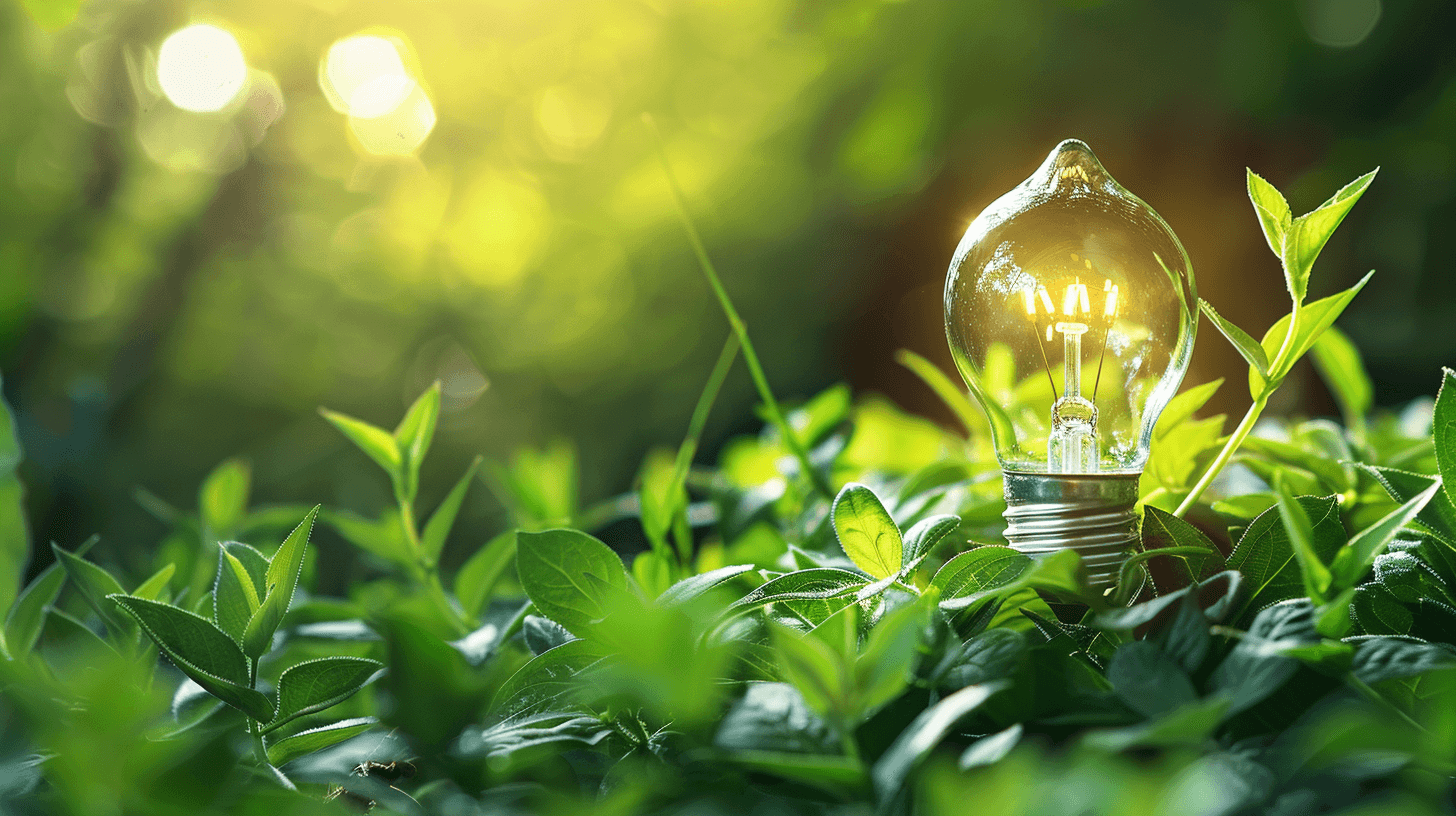 A light bulb glowing in the sunlight surrounded by lush green leaves, symbolizing ecofriendly energy and sustainability. The background is a blurred natural landscape with a soft focus on trees, plants, and grass, creating an atmosphere of harmony between nature and technology.