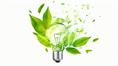 Green energy concept with a light bulb and leaves isolated on a white background, this vector illustration design could promote eco friendly products. Using high resolution photography with professional lighting, the image has insanely detailed fine details in the style of a 3d render with high detail, hdr, isolated elements on a pure white background without shadows or shadow effects and with sharp focus in a hyper realistic style.