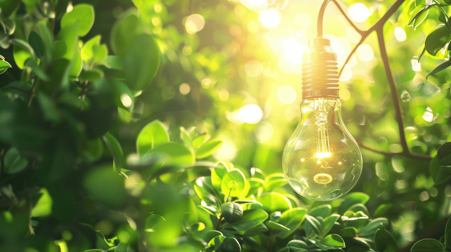 A light bulb hanging from the branches of green leaves, sunlight shining through, ecofriendly energy concept. Green background with copy space. Flat lay with a wide angle lens, stock photo, high resolution photography in the style of stock photo.