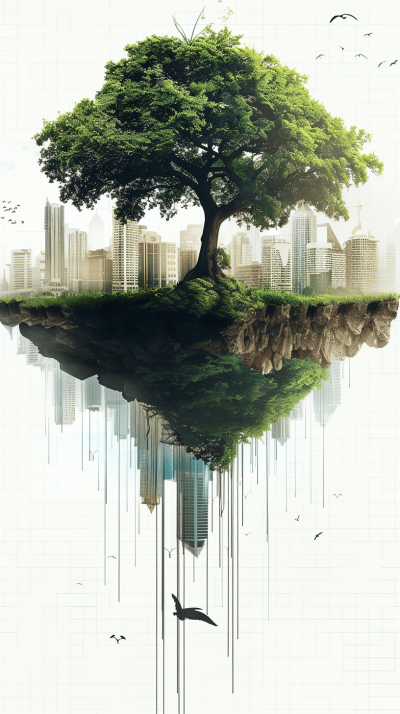 A green tree stands on an island in the center of a city. Buildings are reflected in the water flowing from the tree onto white grid paper. The background color should be light gray with black highlights. Flying birds will also appear. This design could symbolize growth within urban environments or environmental care, in the style of World Wildlife Day.