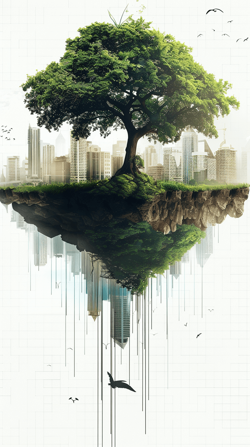 A green tree stands on an island in the center of a city. Buildings are reflected in the water flowing from the tree onto white grid paper. The background color should be light gray with black highlights. Flying birds will also appear. This design could symbolize growth within urban environments or environmental care, in the style of World Wildlife Day.