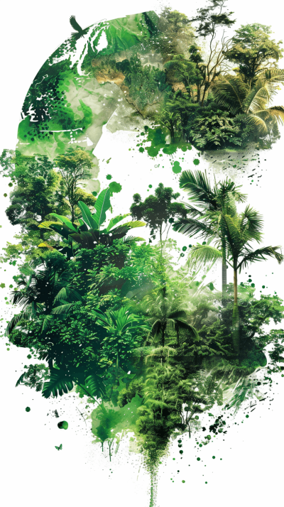 Sceenshot of the detailed vector illustration of an ecofriendly poster, double exposure with jungle and rainforest in green color palette, white background, png transparent, cutout PNG file,