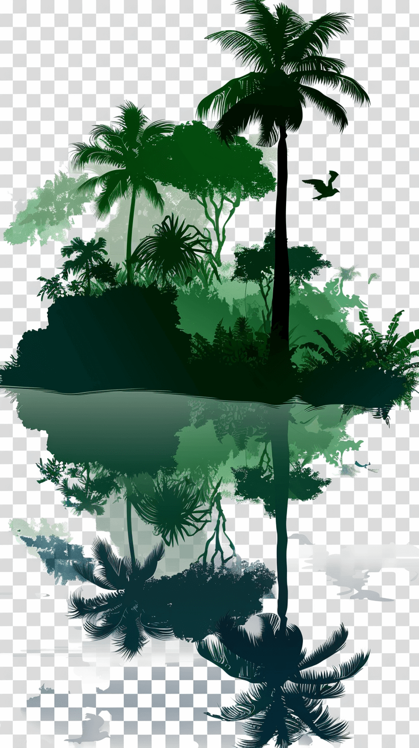 Tropical rainforest silhouette vector, transparent background, palm trees and water reflections, green color palette, vector illustration of tropical jungle with flying birds and reflection on the lake, jungle vegetation, jungle tree, tree in perspective, high resolution, high detail, high quality, high definition, high contrast, vector graphics.