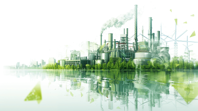 A white background with green elements, such as an industrial plant or a factory with smokestacks and trees around it, is shown in the foreground. In front of them lies water reflecting these elements. The whole scene has a digital illustration style. This image symbolizes modern industry's impact on nature and environmental innovation.