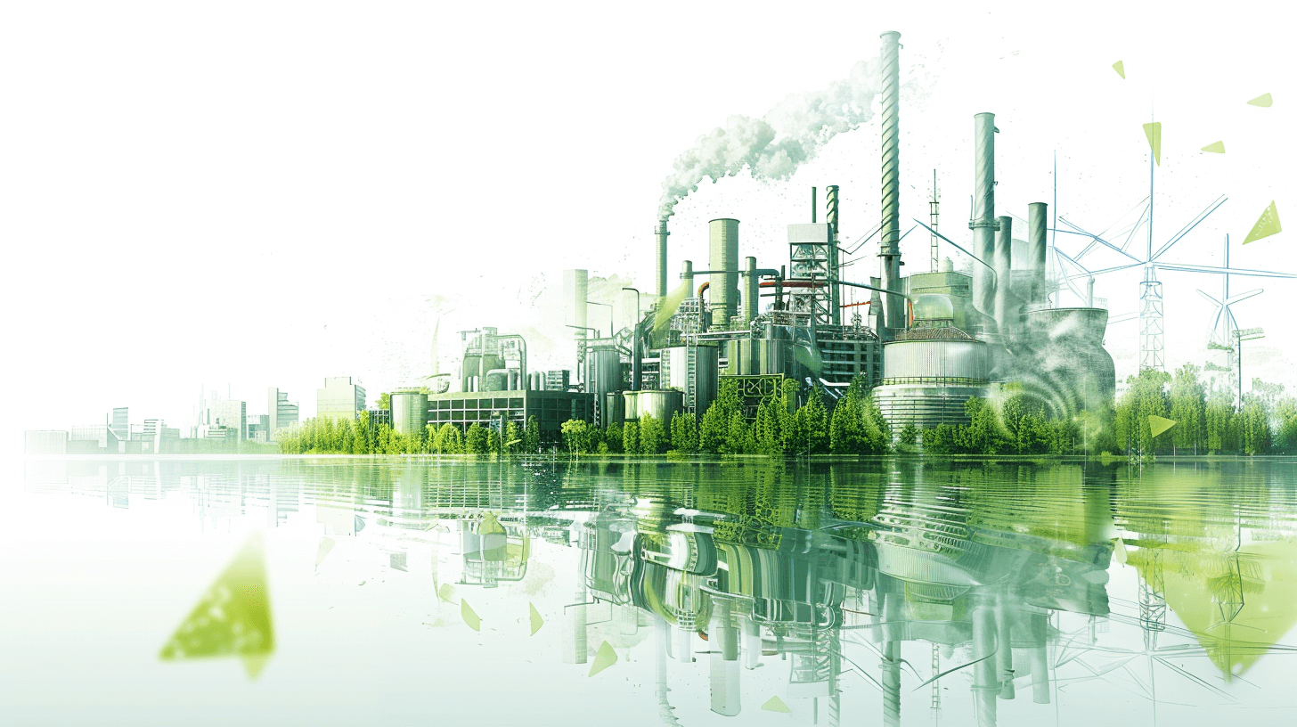 A white background with green elements, such as an industrial plant or a factory with smokestacks and trees around it, is shown in the foreground. In front of them lies water reflecting these elements. The whole scene has a digital illustration style. This image symbolizes modern industry’s impact on nature and environmental innovation.