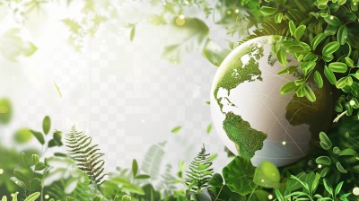 Green earth with leaves and plants isolated on transparent background cutout PNG file, earth day concept, banner design, png element for web or template design, 3d rendering in the style of 4D realistic, high resolution, high quality, white background, professional photography of a green earth with leafs, green color palette using green colors.