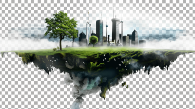 A floating island with green grass, buildings and smoke on transparent background PNG file. The bottom of the earth is visible under it. There's an old tree in front of me. In one corner there was a cityscape. On top of the Earth you can see clouds and skyscrapers.