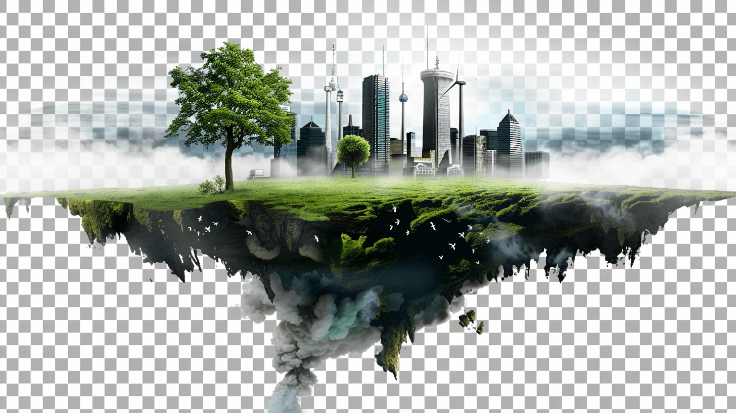 A floating island with green grass, buildings and smoke on transparent background PNG file. The bottom of the earth is visible under it. There’s an old tree in front of me. In one corner there was a cityscape. On top of the Earth you can see clouds and skyscrapers.