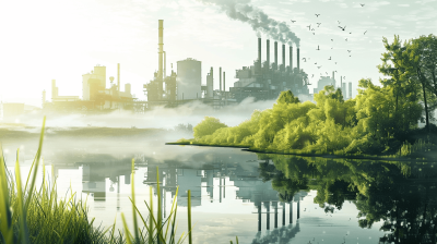 A green landscape with industrial factories and a lake in the background, representing environmental protection. The scene is bathed in soft sunlight, creating a serene atmosphere. This concept conveys innovation for sustainable development using technology in the style of magic realism, with a green theme and reflection of an industry on water. The scene includes smoke from chimneys in the air, trees around, and is presented as a high resolution 3D render stock photo.