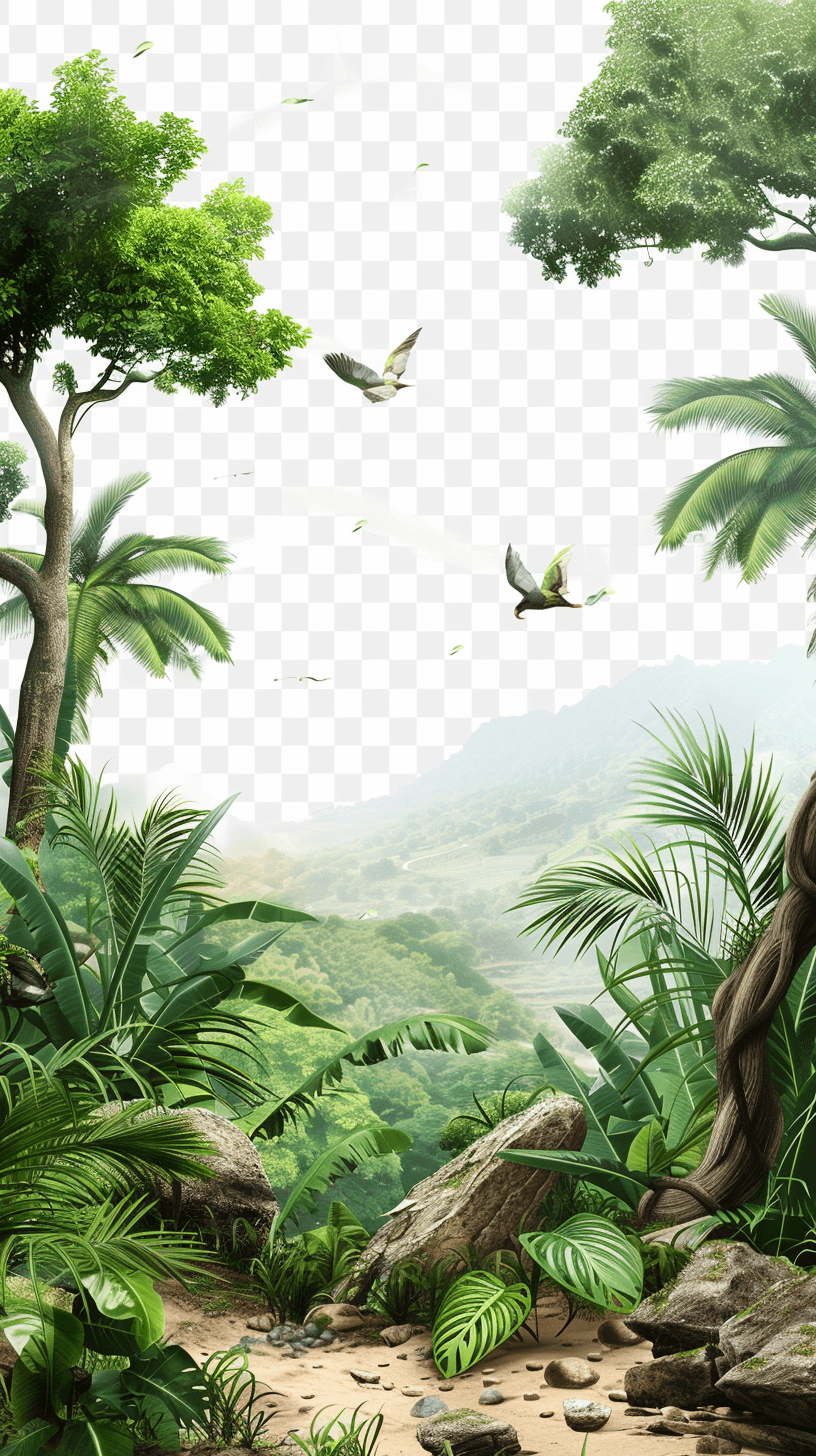 Tropical rainforest with trees and rocks, birds flying in the sky against a transparent background. High resolution vector graphics with a green color scheme depicting tropical vegetation and an exotic atmosphere. White space appears at the top of the illustration above palm leaves and sandy ground surrounded by dense foliage. The illustration style shows high detail, quality, definition, resolution, contrast, sharpness and clarity in a hyper realistic and detailed manner in the style of a hyper realist artist.