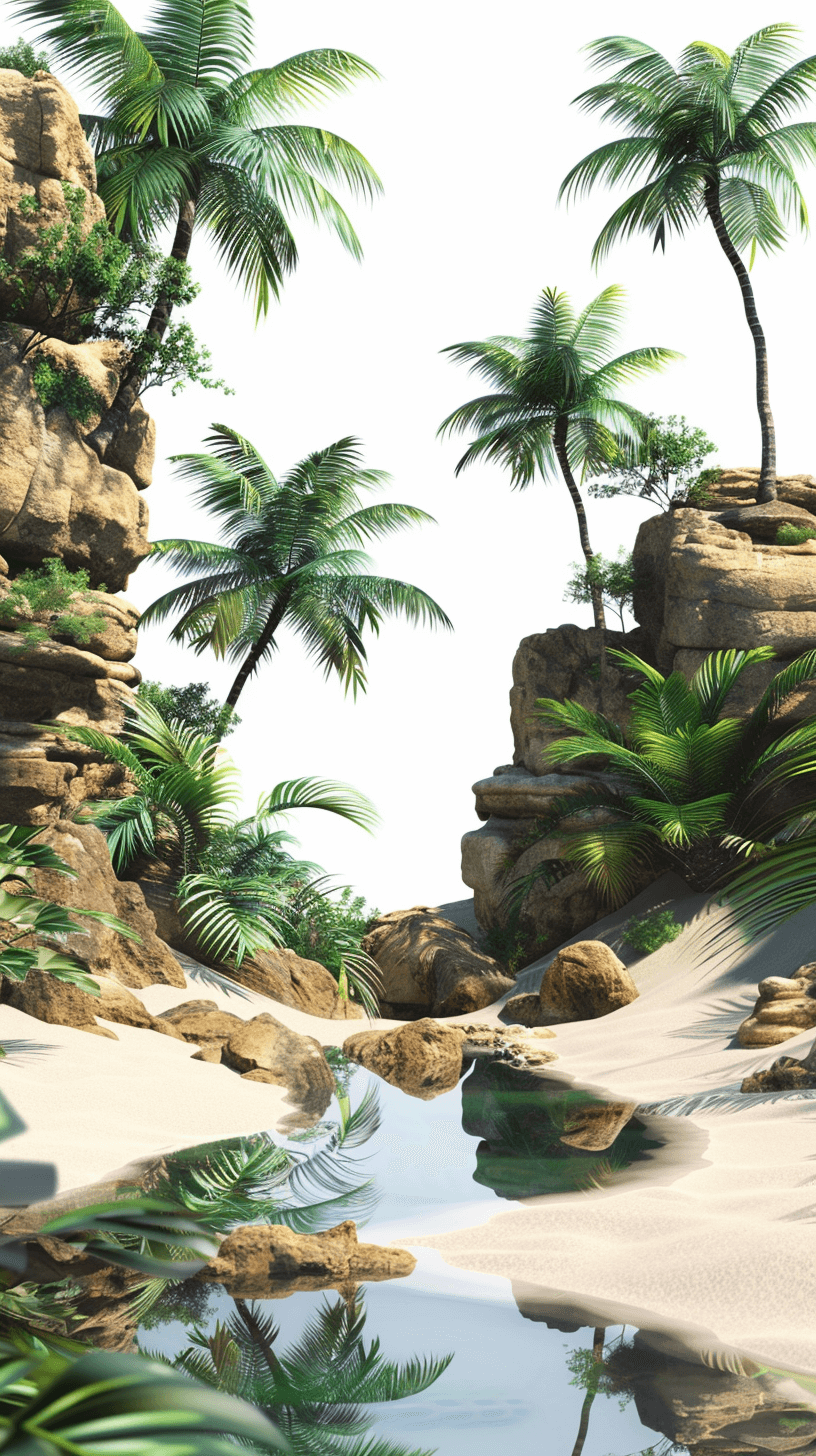 3d render, oasis with rocks and palm trees, white background, hyper realistic, high resolution, high definition, high quality, high detail, high dynamic range, high contrast, volumetric lighting,