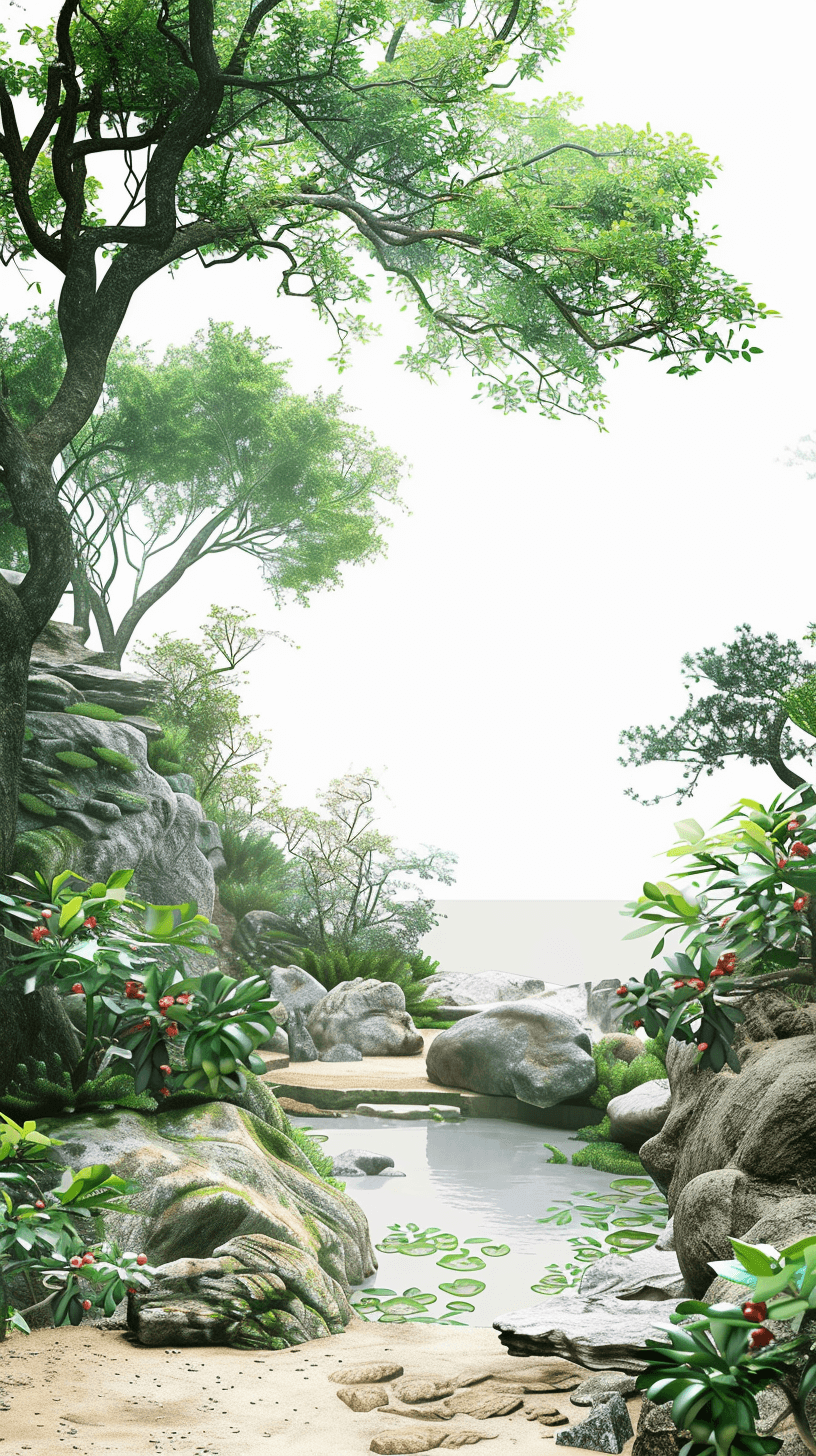 A realistic rendering of the garden landscape with trees, rocks and plants around it, the pond in front is calm and clear, white background, green color scheme, high resolution, hyperrealistic, bright colors, soft lighting, super detailed, natural light, panoramic view. The style is reminiscent of Chinese landscape paintings.