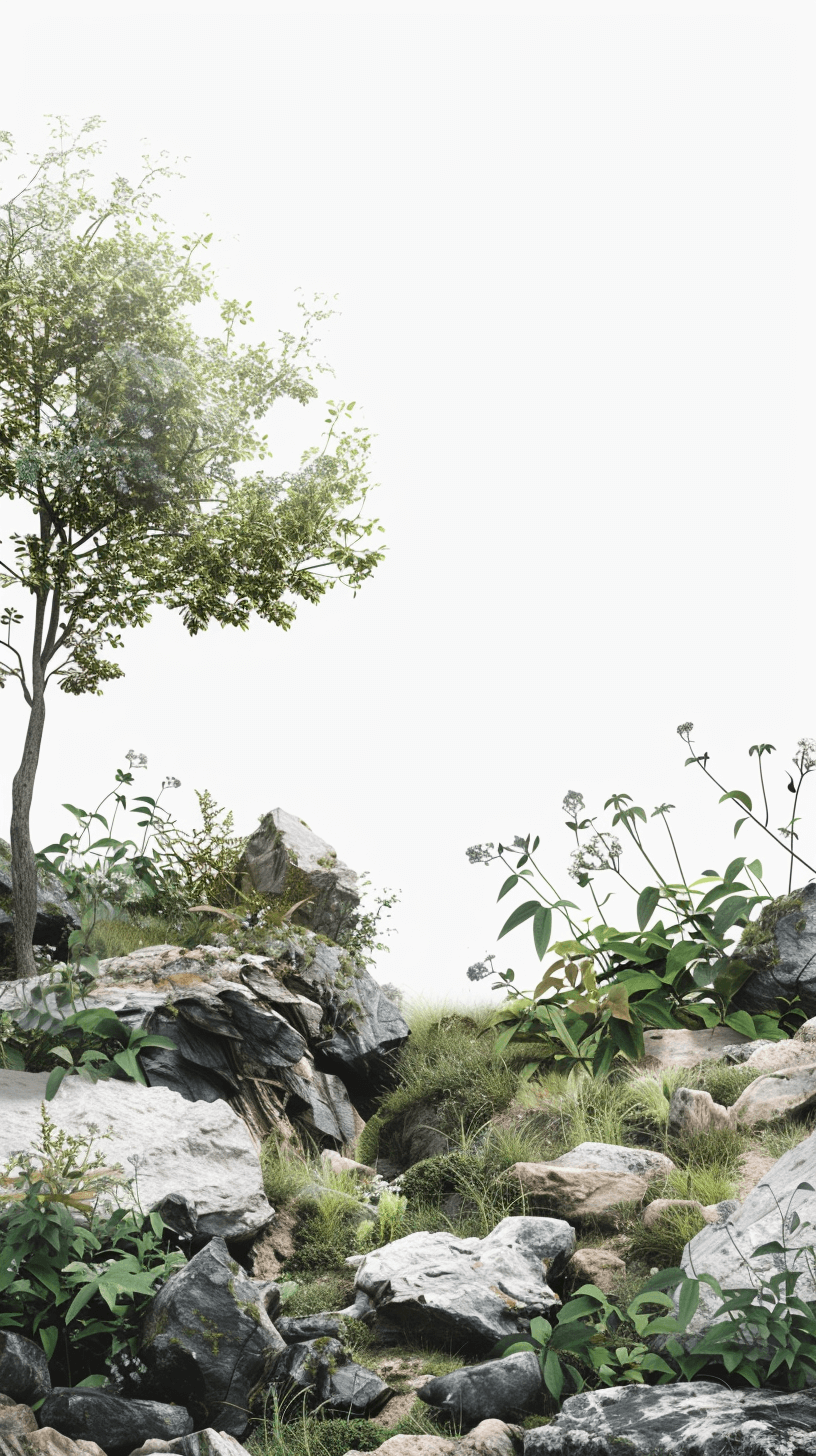 3D rendering on a white background in a minimalist style, a landscape painting of rocks and trees on the grassland in the style of Chinese landscape painting, with scattered small stones in front of them. The perspective is slightly upward from top to bottom, with high-definition details and high-quality images. An ultra-realistic scene with high resolution and high-end color matching. High definition with a perfect composition, strong contrast between light and dark, depth of field effect, soft lighting, and a natural scenery.