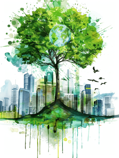 EcoFriendly City, Watercolor Illustration of Green Tree with Earth in the middle and Modern Urban cityscape on white background