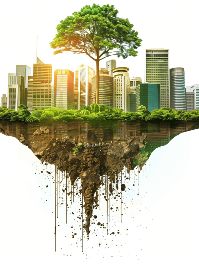 A modern cityscape floating above the ground, with skyscrapers and greenery, centered around an island of soil dripping black liquid, symbolizing environmental pollution. The scene is isolated on white background, with warm sunlight casting long shadows across the urban landscape. A single tree stands tall in front of it, adding contrast to its surroundings. This concept conveys late stage industrialization's impact on natural environment, highlighting key elements for ecofriendly advertising.