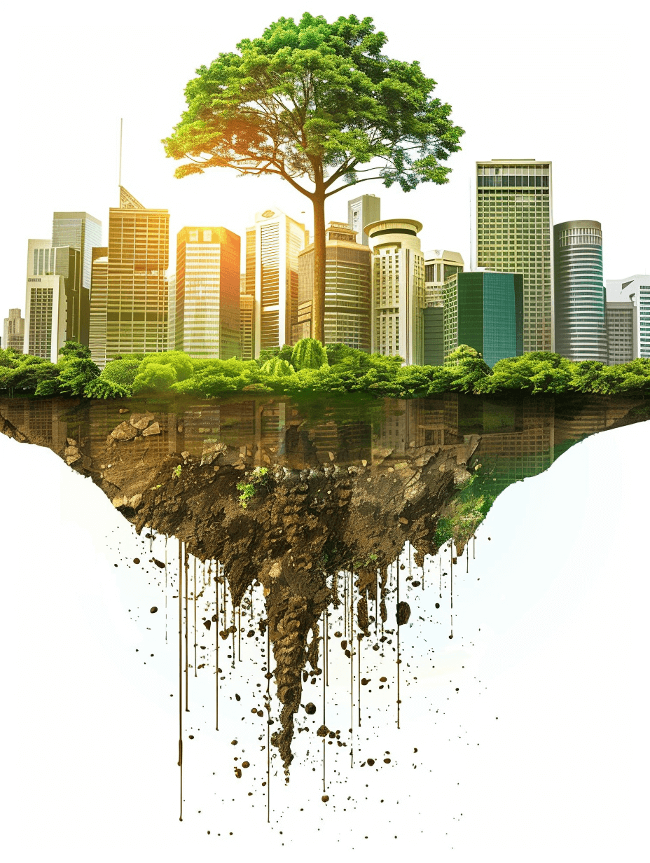 A modern cityscape floating above the ground, with skyscrapers and greenery, centered around an island of soil dripping black liquid, symbolizing environmental pollution. The scene is isolated on white background, with warm sunlight casting long shadows across the urban landscape. A single tree stands tall in front of it, adding contrast to its surroundings. This concept conveys late stage industrialization’s impact on natural environment, highlighting key elements for ecofriendly advertising.