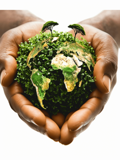 A pair of African hands holding an earth made from green plants, with the map and tree outline on it. The background is white, creating highdefinition images.