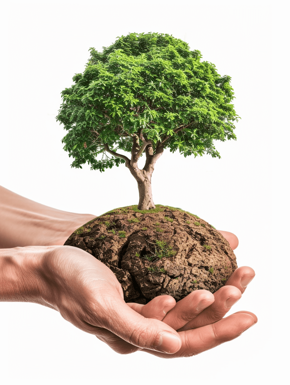 Closeup of hands holding earth with a tree growing on it, against an isolated white background. Concept for environment protection and ecology. Photograph in the style of realistic photography.