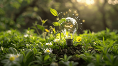 A light bulb glowing with green energy, surrounded by lush plants and flowers growing from its base in the midst of nature, symbolizing ecofriendly technology. The background is an open field under soft sunlight, creating a serene atmosphere. This visual metaphor embodies sustainable living through clean power and environmental education in the style of nature.