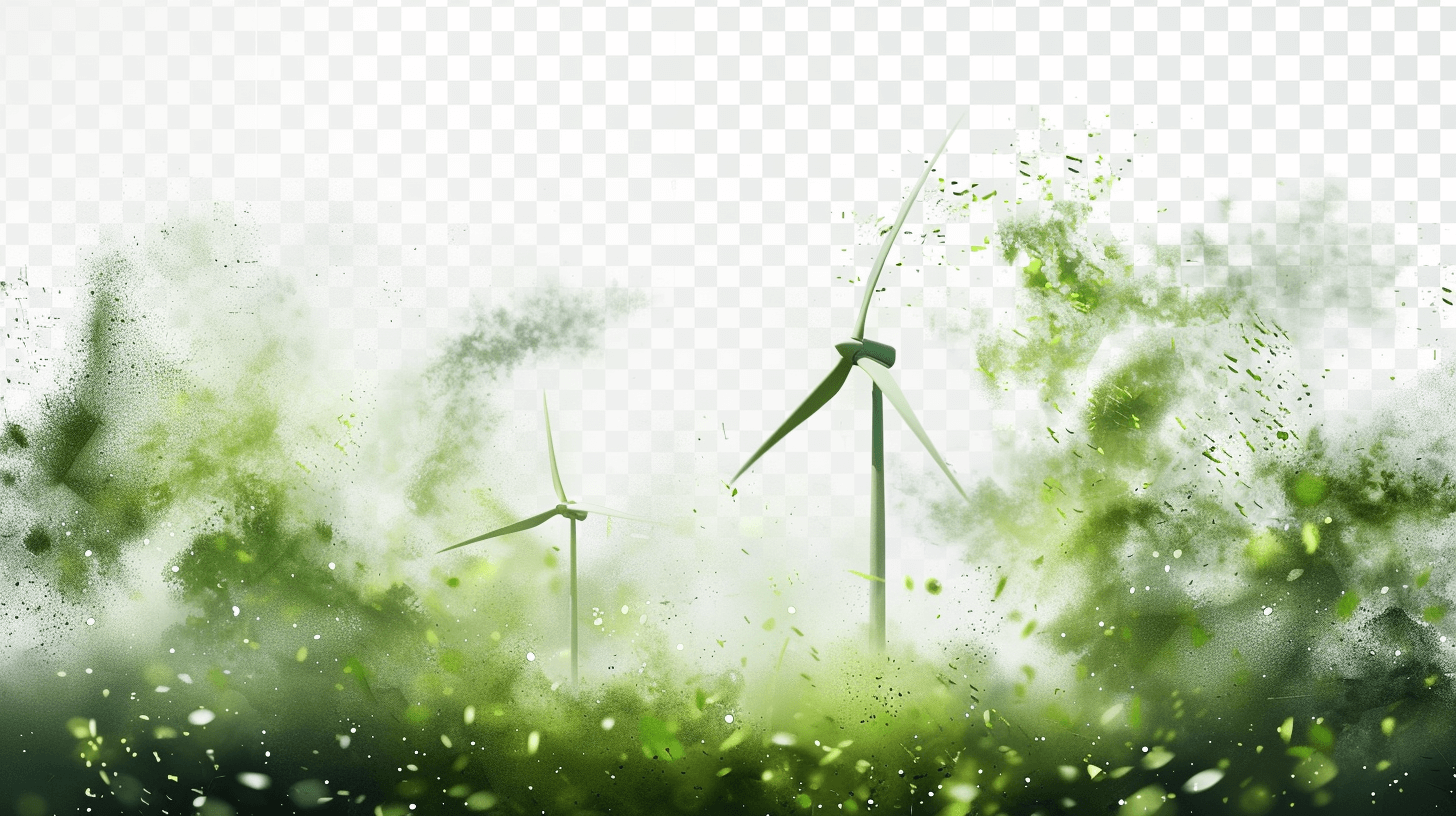 green energy windmills with smoke and particles on transparent background, png file for graphic design work