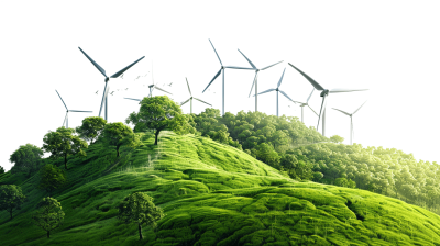 A hill covered with tea plantations, surrounded in the style of wind turbines on a white background, with a green color scheme, for advertising photography, in high resolution, of high quality, with high detail, in a hyper realistic style, as a stock photo.