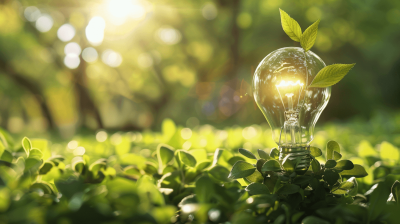 Green energy concept with a light bulb on a green leaf in a sunlight background. Clean environment and sustainable development. The afternoon daylight and natural lighting, with sun rays shining through the leaves, illuminating an incandescent bulb on lush grassy ground, stock photo, copy space at the left side, high resolution photography.