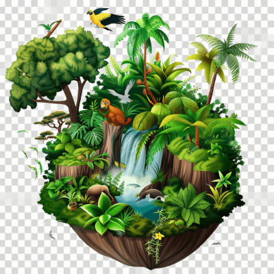 A rainforest island with trees, waterfalls and animals isolated on transparent background PNG file format, white backgroun